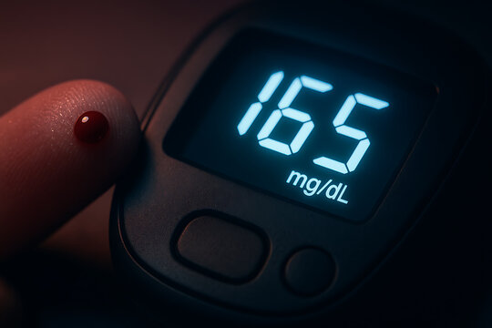 A digital glucose meter displays a blood sugar reading of 165 mg/dL beside a fingertip with a fresh blood drop, depicting at-home diabetes monitoring and health tracking.