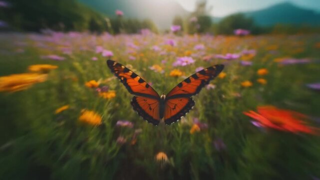 Realistic butterfly-eye perspective flying through a colorful flower field