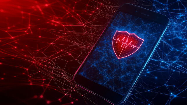Smartphone screen with glowing health shield icon, digital security, blue and red network - Powered by Adobe