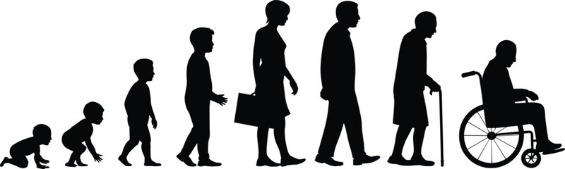 Silhouette progression of human life stages from infancy to old age showing crawling walking adult senior and wheelchair figure