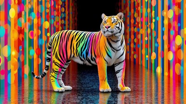 Vibrant Tiger with Colorful Stripes in a Creative Background of Bold Colors and Bright Light Reflections