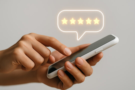 Hand Holding Smartphone Giving Five Star Rating for Customer Experience Review