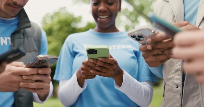 Volunteer, outdoor and people with cellphone, hands and digital app for fundraising. Connection, men or women with smartphone, nonprofit or community service with charity blog or website for donation