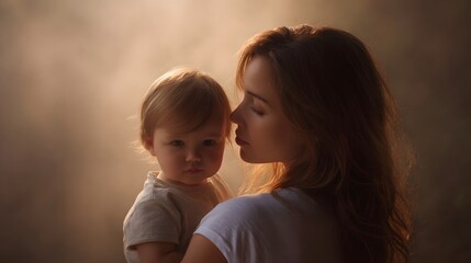 A mother gently holds her baby in soft warm morning light with a hazy ethereal atmosphere