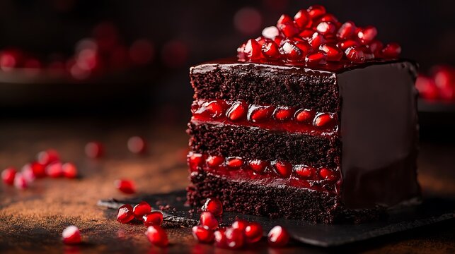 Chocolate layer cake with pomegranate seeds