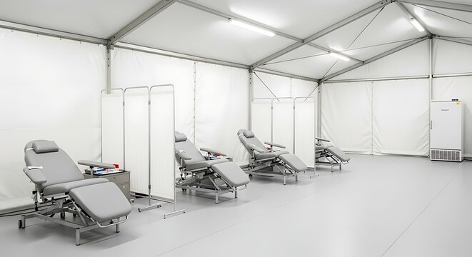 Blood Donation Center Interior with Chairs and Equipment.