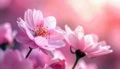 Two delicate pink cosmos flowers bloom in soft focus, their petals gently unfurling against a dreamy, blurred background of pink and white.