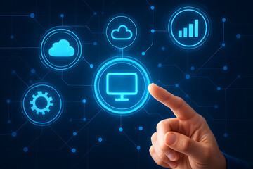Hand touching futuristic digital interface with cloud computing and data icons.