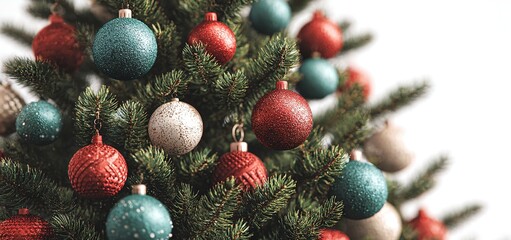Colorful Christmas Ornaments on Pine Tree. ideal for Christmas and holiday themes. Great for greeting cards, holiday decorations, and Christmas design projects.
