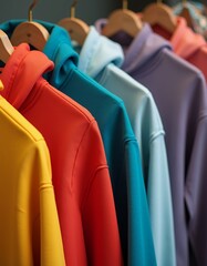 Colorful hoodies hanging on wooden hangers representing fashion variety in retail clothing display hoodie mockup fashion isolated design casual clothing template apparel