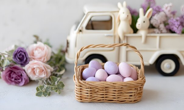 a white truck with pastel purple easter eggs in the back, two bunnies on top of it, and an open wicker basket full of light lilac-colored, heart-shaped chocolate easter eggs inside.