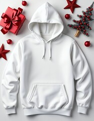 Close up white blank template sweatshirt with copy space and christmas holiday concept top view mockup hoodie and red holidays decorations on white background happy new year accessories xmas outfit ho