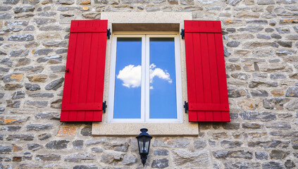 Stone building with red shutters and a window reflecting the sky