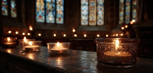 Lit Candles and Stained Glass Windows in Historic Church.  ideal for religious,and historical themes. Great for religious publications, meditation content,  and historical design projects.
