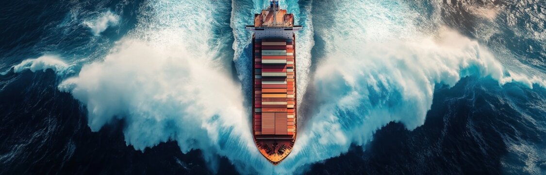 Aerial view of a cargo ship with containers sailing in an ocean storm with huge waves breaking against the vessel