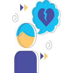 Person Icon With Broken Heart Thought Bubble Over Head Representing Sadness And Loneliness In Light Blue And Purple Colors With Yellow Triangle Accents On Transparent Background