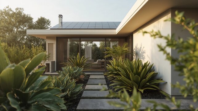 View of a modern home exterior with lush landscaping, solar panels, and stone walkway.