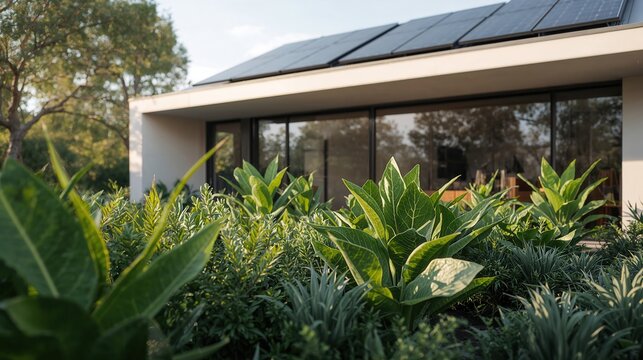 A modern home with solar panels sits behind lush greenery in a suburban setting.