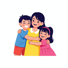 Obraz premium A happy mother embracing her son and daughter with warm smiles, depicting family love and affection.
