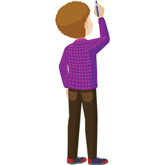 Person in plaid shirt and brown pants writing with pen against transparent background in pixel art style