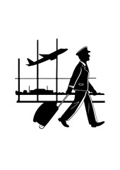 Airline Pilot Walking with Luggage in Airport Silhouette