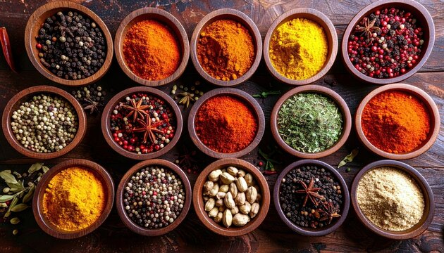 A collection of various spices and peppercorns in wooden bowls, showcasing a vibrant array of colors and textures.