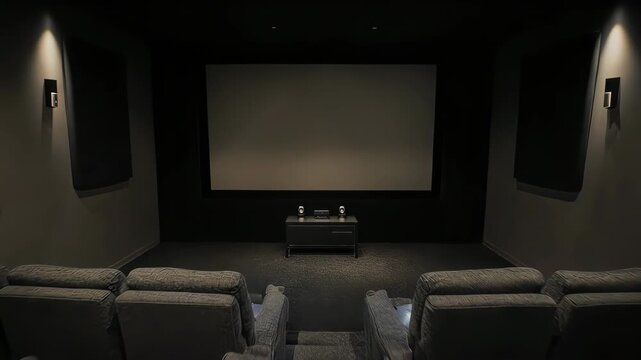 Dark home theater with multiple rows of plush seating