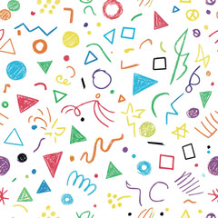 Create Funky crayon drawn geometric shapes and doodle lines. Colorful pencil or chalk drawn naive Swiss design aesthetic. Basic geometric shapes, dots, playful pattern, primitive forms and figures.