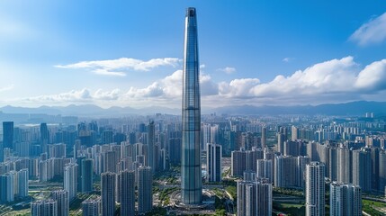 Aerial view of a towering skyscraper with glass curtain wall against the city skyline and urban landscape in Shenzhen