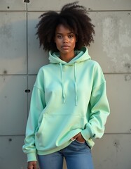 Black afro american woman wearing a light green mockup oversized crewneck blank sweatshirt in front of a concrete wall in the street hoodie mockup fashion isolated design casual clothing template appa