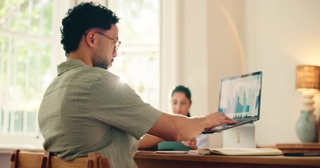 Home, graphs and man with laptop, financial advisor and investment with email, metrics and network. People, woman and computer with digital app, stats and website info for economy and trading charts - Powered by Adobe