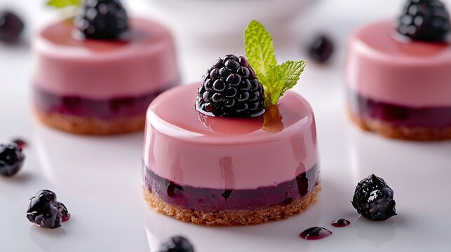 Layered mousse dessert with blackberry and mint garnish