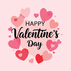 Happy valentines day greeting with pink and red hearts on a light pink background