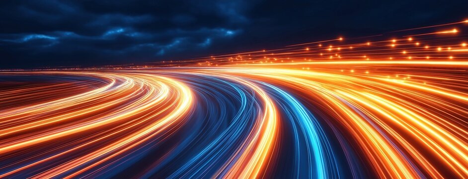 Abstract light trails on the highway with orange and blue glowing lines creating a speed motion background for technology