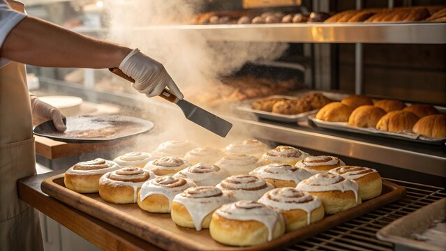 Baker wearing gloves carefully places freshly baked cinnamon rolls with icing onto a tray in a warm bakery kitchen with steam rising