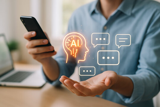 Man Using Smartphone for AI Chatbot Communication and Assistance
