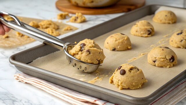 Close up of a hand using a cookie scoop to place dough balls onto a baking sheet lined with parchment paper for baking