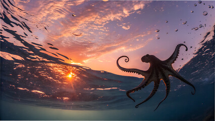 Octopus swimming ocean sunset underwater wildlife marine animal aquatic sea creature travel photography