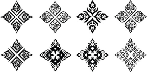 Diamond ornamental design, intricate floral motif, geometric decorative emblem, symmetrical tribal pattern, black and white ornament, cultural artistic vector illustration
