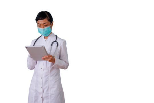 Woman smiling, confident and focused, holding a digital tablet for online browsing and communication, transparent background - Powered by Adobe