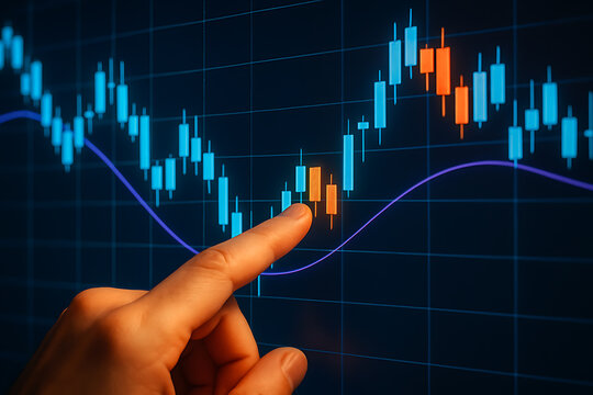 Trading hand analyzing stock market candlestick chart with glowing financial data interface