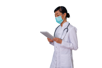 Woman with curly hair holding a digital tablet presenting new ideas or reviewing content, transparent background