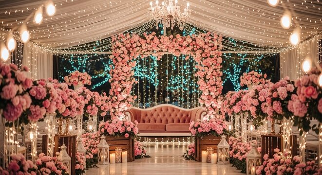 A beautiful wedding reception setup with pink flowers, soft lighting, and a romantic atmosphere creating an unforgettable celebration of love
