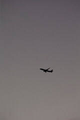 A sleek airplane silhouette soaring through a tranquil dusk sky, capturing the essence of travel and adventure. Ideal for aviation-related themes.