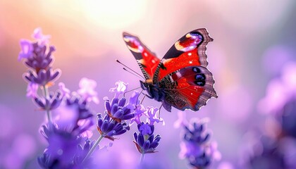 A colorful peacock butterfly with intricate wing patterns rests on a blooming lavender flower, with a soft, bokeh background.
