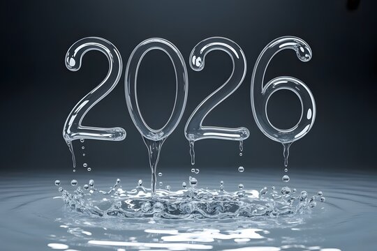 Transparent 2026 numbers dripping into water splash