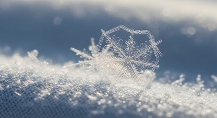 Close-up of a stunning, perfectly formed dendritic snowflake with intricate patterns, resting on a bed of ice crystals, highlighting fragile winter beauty