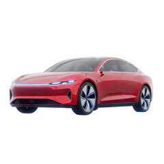 Obraz premium Sleek Red Electric Sedan with Futuristic Design and Blue Accents Isolated on Transparent Background Detailed Studio Shot