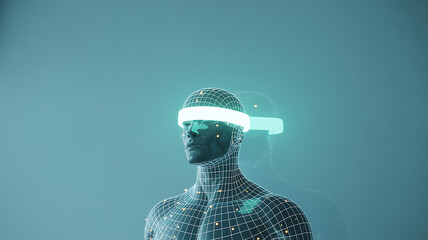 Futuristic digital human figure wearing glowing VR headset, exploring immersive metaverse technology and virtual reality possibilities