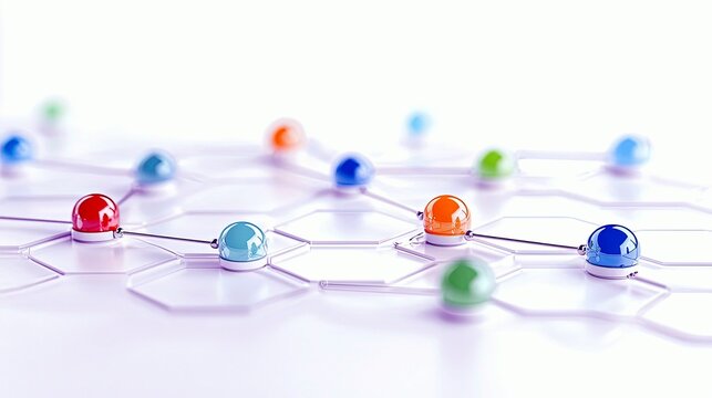A network of colorful spheres, each connected by thin lines to other spheres, is arranged on a white hexagonal grid.
